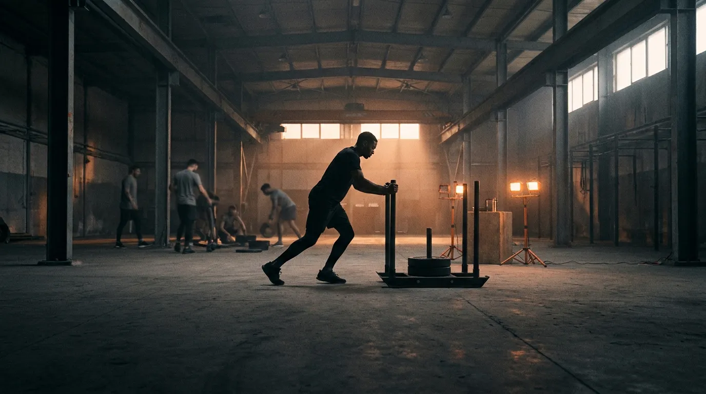 Atleta empujando un trineo en una gran nave de entrenamiento